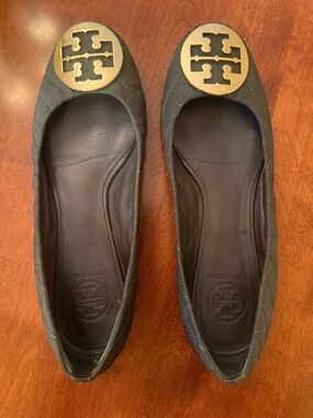 Tory Burch Black Quilted Leather Logo Cap-Toe Flats with Gold Medallions